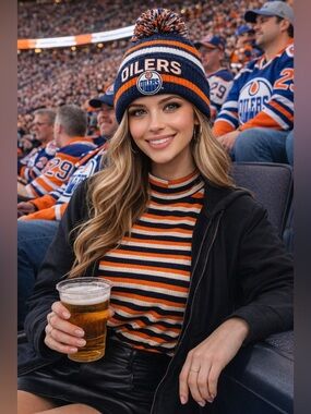 Oxygen Striped Mock Neck Top Medium Orange Blue Edmonton Oilers Colors